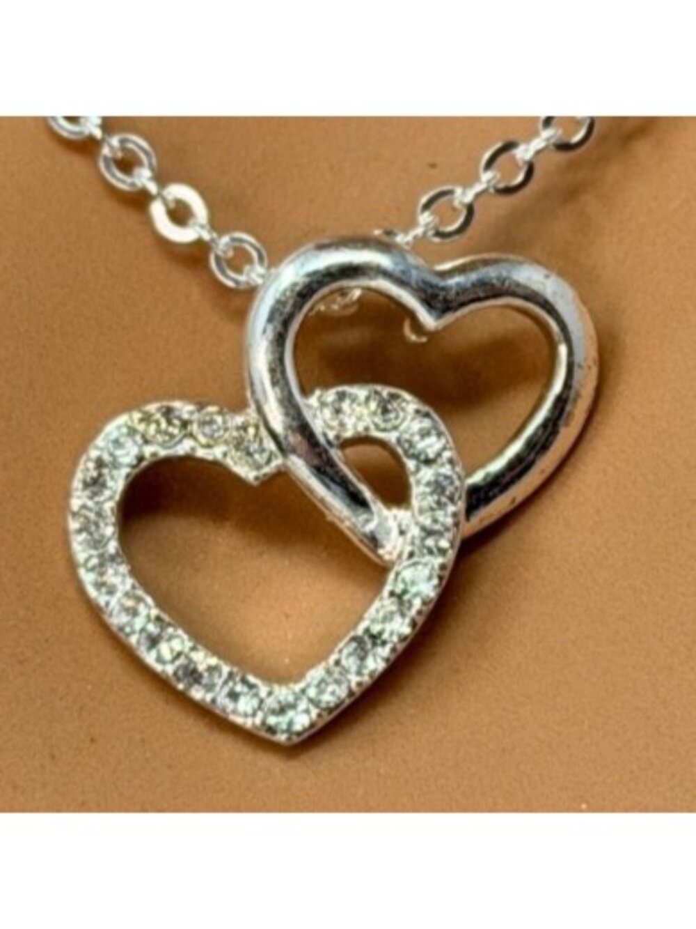 Vintage Double Heart Necklace Made with Swarovski Crystal Sterling Overlay Y2K - Picture 5 of 8